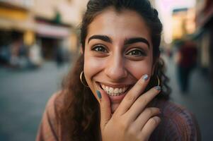 menina sorridente fechar-se foto. gerar ai foto