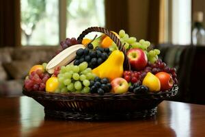 abundante fruta cesta jantar sala. gerar ai foto
