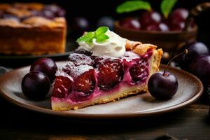 delicioso peça do torta com ameixas Comida. gerar ai foto