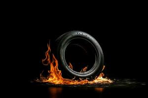 carro pneu dentro quente chama fogo em Preto fundo. gerar ai foto