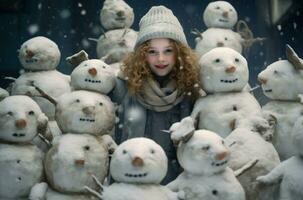 enérgico menina jogar grande boneco de neve. gerar ai foto