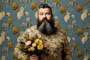 barbudo homem com flores à moda. gerar ai foto