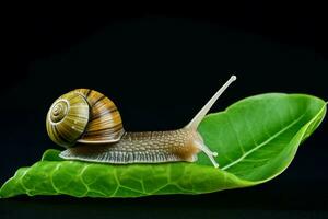 Caracol em verde folha sobre Preto fundo. gerar ai foto