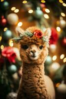 Natal alpaca adornado com festivo enfeites e guirlanda irradiando feriado alegria foto