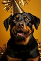 Novo anos rottweiler com uma festivo ouro festa biscoito isolado em uma gradiente fundo foto