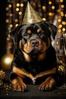 rottweiler detém ouro festa biscoito pronto para comemoro a Novo ano foto