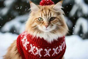 maine coon gato vestindo uma feriado suéter isolado em uma branco fundo foto