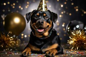 Novo anos rottweiler cachorro segurando uma ouro e brilhar festa biscoito isolado em uma branco fundo foto