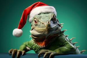 Natal iguana com santa chapéu descansando em uma festivo ramo isolado em uma gradiente fundo foto