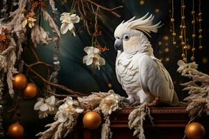 cacatua poleiros em festivo ramo a comemorar Natal com sedutor charme foto