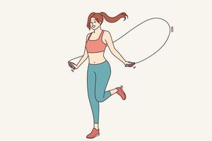 Atlético mulher pulando em saltando corda para fitness, fazendo fisica exercícios, vestido dentro roupa de esporte foto