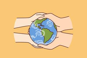 globo dentro mãos dois pessoas carinhoso sobre planeta terra e desejando para Salve  natureza a partir de clima mudança foto