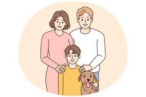 retrato do família com criança e cachorro foto
