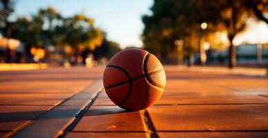 basquetebol em a aberto quadra às pôr do sol - ai gerado imagem foto