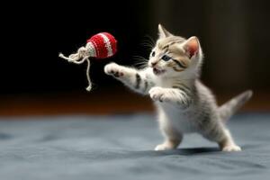 perfeitamente brincalhão - uma de gatinho alegre correr atrás do uma brinquedo rato - ai gerado foto