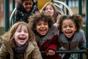 infância felicidade - sorridente rostos e feliz recordações em a Parque infantil - ai gerado foto