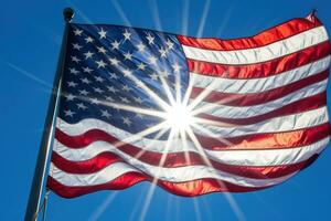 orgulhosamente acenando americano bandeira dentro Claro azul céu - patriótico panorama com movimento borrão e Alto contraste - ai gerado foto