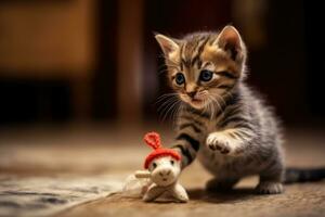 curioso gatinho jogando com brinquedo rato dentro caloroso casa meio Ambiente - fechar-se animal foto - ai gerado