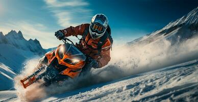 moto de neve dirigindo baixa a montanha - ai gerado imagem foto