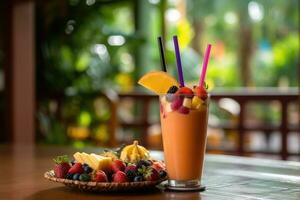 refrescante tropical batido com fresco fruta e papel Palha em de madeira mesa dentro exuberante verde selva - ainda vida estilo de vida imagem - ai gerado foto