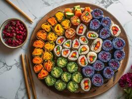 Sushi prato com colorida rolos em mármore superfície com natural luz - ai gerado foto