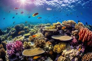 da natureza tela de pintura - uma vibrante coral recife capturado através embaixo da agua fotografia - ai gerado foto