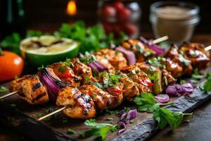 de dar água na boca churrasco frango Kebab com legumes e ervas em espeto, carbonizado para perfeição - ai gerado foto