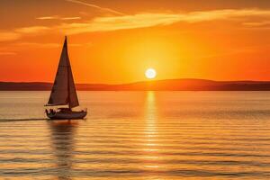 uma solitário barco a vela dentro uma sereno pôr do sol sobre calma oceano águas - ai gerado foto