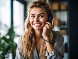 sorridente fêmea empreendedor respondendo telefone chamadas dentro escritório com natural claro. realista retrato fotografia. - ai gerado foto