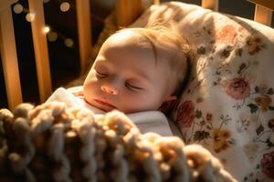 pacífico sono - capturando a serenidade do uma Bêbês dormir dentro uma fechar-se tiro - ai gerado foto
