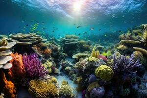 abaixo a superfície - uma sonhadores embaixo da agua Visão do uma colorida coral recife - ai gerado foto