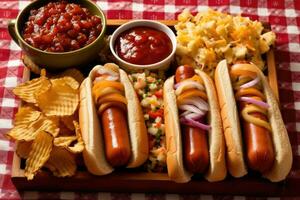 delicioso quente cachorros com todos a fixações em xadrez bandeja - conforto Comida às ao ar livre evento - ai gerado foto