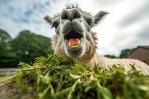 a boba lado do Fazenda vida - uma fechar-se do a de alpaca divertido facial expressões - ai gerado foto