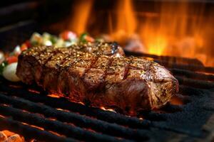 chamas e chiando carne - fechar-se do ao ar livre churrasco grelhar para apetitoso Comida fotografia - ai gerado foto