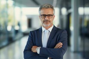 retrato do uma feliz jovem casual homem de negocios às escritório braço cruzado ai generativo foto