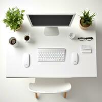topo Visão do 3d rendido branco escritório mesa cadeira e computador portátil moderno interior ai generativo foto