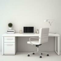 3d rendido branco escritório mesa cadeira e computador portátil pc moderno interior ai generativo foto