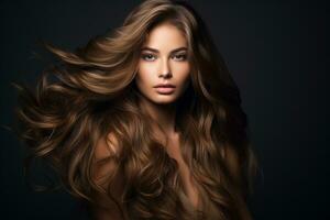 retrato do lindo jovem mulher com grandes cabelo em branco estúdio fundo. conceito do cosméticos ai generativo foto