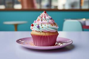 Visão do prato com delicioso e doce Bolinho sobremesa, ai generativo foto