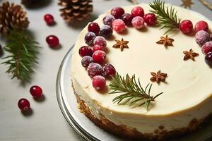 delicioso Natal bolo de queijo com cranberries e biscoitos, ai generativo foto
