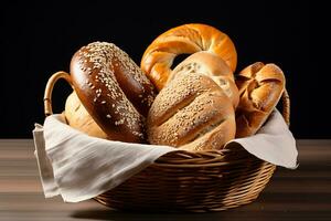 fatiado pão com turco bagel lado Visão em uma cesta, ai generativo foto