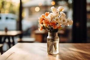 fechar-se tiro do uma cafeteria de madeira mesa com uma jarra do decorativo flores, ai generativo foto