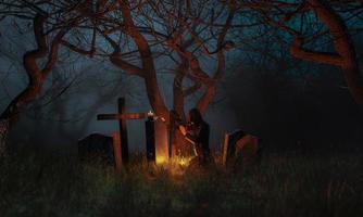 orando em um cemitério em uma floresta assustadora foto
