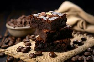 chocolate brownies em pano de saco e café feijões em uma de madeira mesa, ai generativo foto