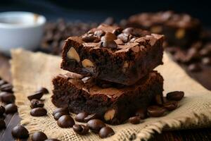 chocolate brownies em pano de saco e café feijões em uma de madeira mesa, ai generativo foto