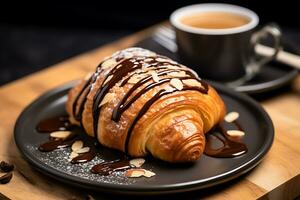 fechar-se tiro do uma croissant em uma prato coberto dentro chocolate dentro uma cafeteria, ai generativo foto