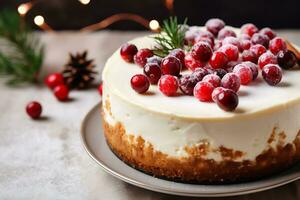 delicioso Natal bolo de queijo com cranberries e biscoitos, ai generativo foto