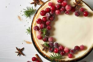 delicioso Natal bolo de queijo com cranberries e biscoitos, ai generativo foto