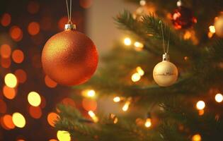 fechar-se tiro do uma parte do uma abeto árvore decorado durante Natal ai generativo foto