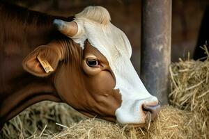 vaca comer feno às Fazenda. gerar ai foto